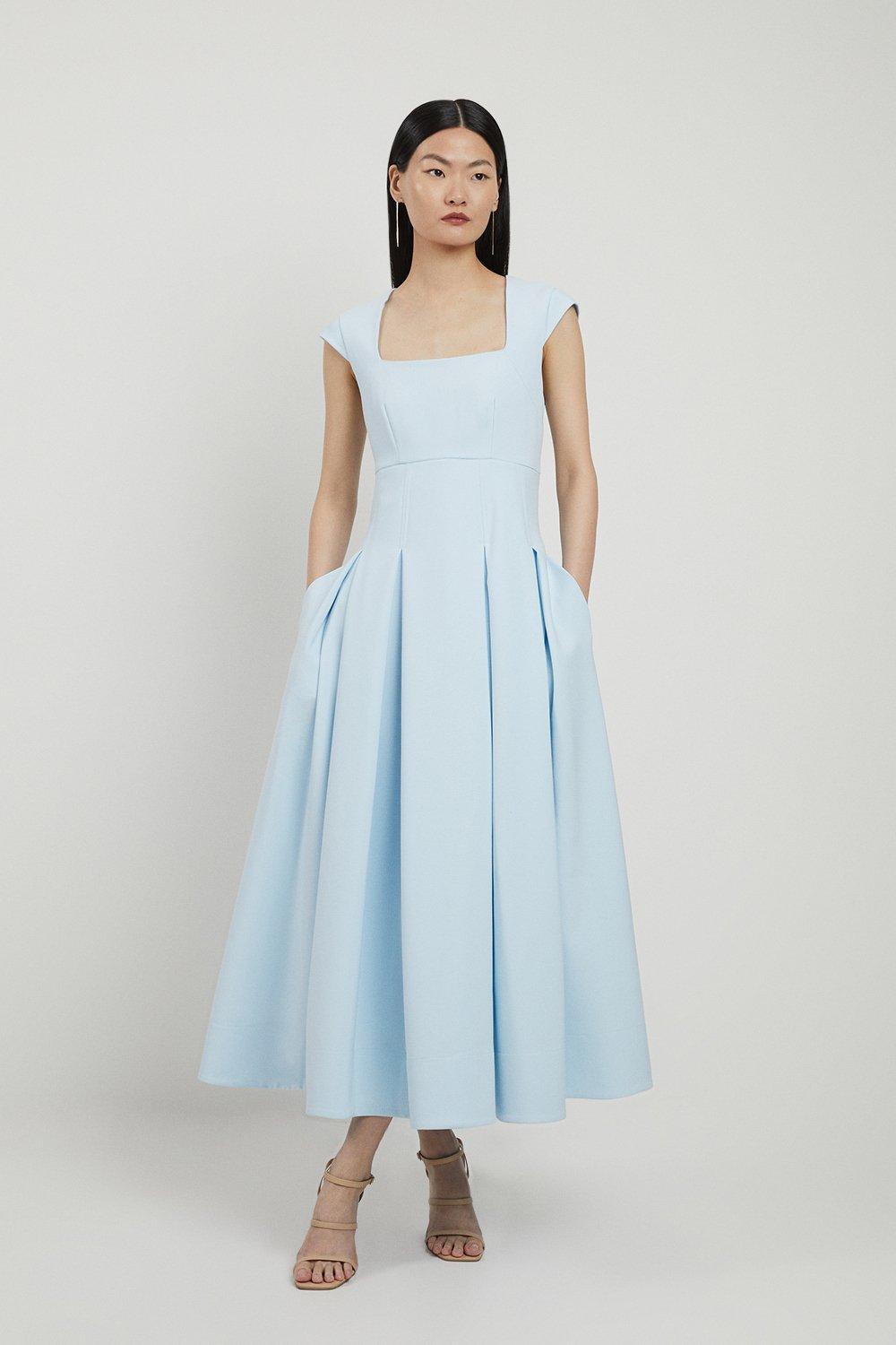 Petite Clean Tailored Square Neck Full Skirted Midi Dress